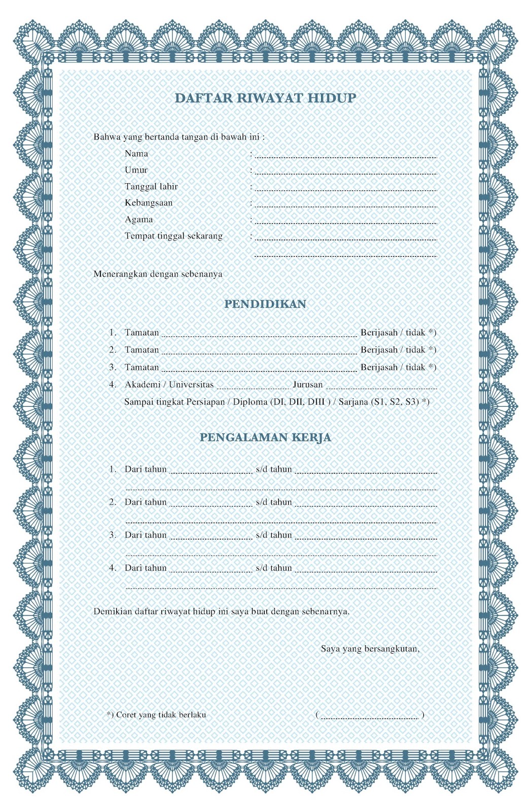 Daftar riwayat hidup cv kosong doc pdf word tulis tangan